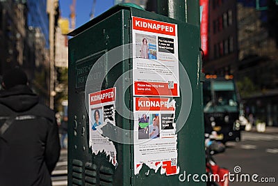 Posters in Manhattan, New York showing kidnapped Israelis after the attack of Hamas on October 7, 2023 Editorial Stock Photo