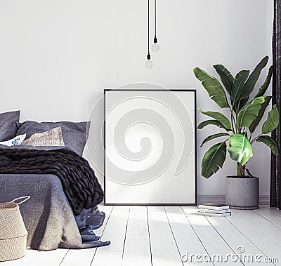 Posters mock-up in new Scandinavian boho bedroom Stock Photo