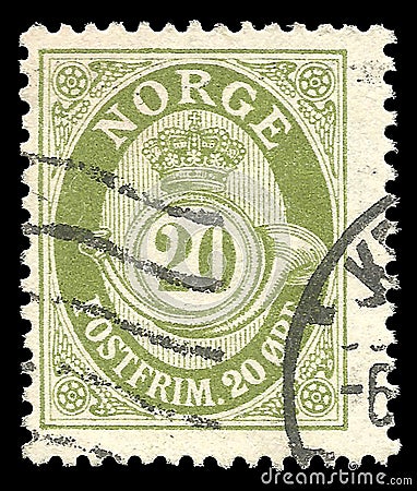 Posthorn NORGE in Roman Capitals on postage stamp of 20 ore cost Editorial Stock Photo