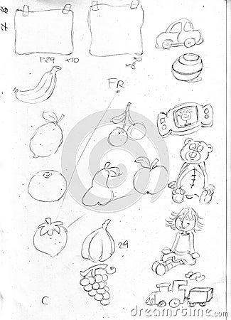 Postit fruit frames, teddy ball and trinkets sketch pencil drawing, draft Stock Photo