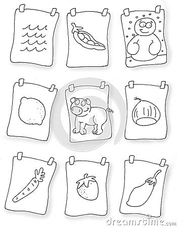 Postit with fruit and pig chine coloring for kids Stock Photo