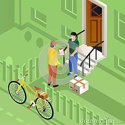 Postman on bike delivery parcel concept background, isometric style Vector Illustration