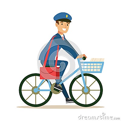 Postman In Blue Uniform On a Bicycle Delivering Mail, Fulfilling Mailman Duties With A Smile Vector Illustration