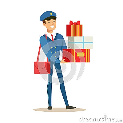 Postman In Blue Uniform Delivering Holiday Gifts And Mail, Fulfilling Mailman Duties With A Smile Vector Illustration