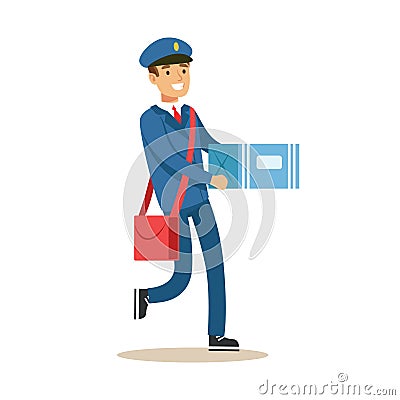 Postman In Blue Uniform Delivering Mail, Carrying A Carton Bax Parcel, Fulfilling Mailman Duties With A Smile Vector Illustration