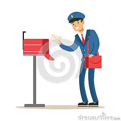 Postman In Blue Uniform Delivering Mail, Putting Letters In Mailbox, Fulfilling Mailman Duties With A Smile Vector Illustration