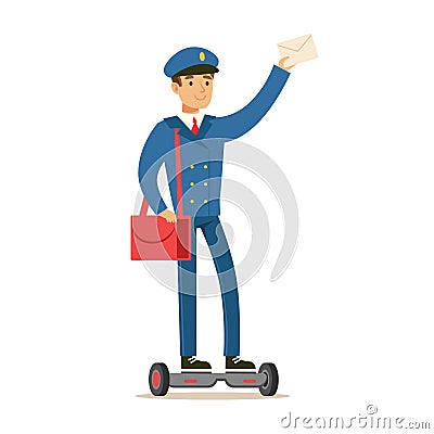 Postman In Blue Uniform On Gyro Scooter Delivering Mail, Fulfilling Mailman Duties With A Smile Vector Illustration