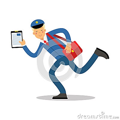 Postman in blue uniform with red bag and clipboard running cartoon character, express delivery mail vector Illustration Vector Illustration