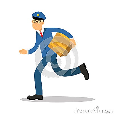 Postman in blue uniform running delivering parcel cartoon character, express delivery mail vector Illustration Vector Illustration