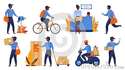 Postman. Cartoon delivery worker character shipping parcels, walking with mail and riding. Vector express delivery and Vector Illustration