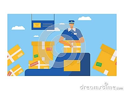 Postman character packaging postal parcel, professional mailman incase pasteboard box flat vector illustration, isolated Cartoon Illustration