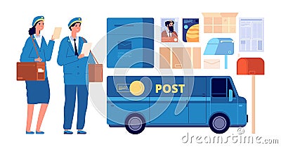 Postman characters. Postal mailman, woman man in uniform send envelopes. Post office equipment parcel letter, delivery Vector Illustration