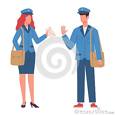 Postman characters. Woman and man in mailman blue uniform with bag and letter in hands. Male and female workers, express Vector Illustration