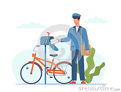 Postman deliver mail. Mailman in blue uniform and bicycle with bag delivering letters in mailbox, envelope and parcel Vector Illustration