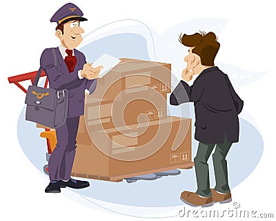 Postman delivered parcels. Delivery man with boxes. Illustration for internet and mobile website Vector Illustration