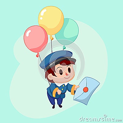 Postman delivery mail. Friendly post man in blue uniform with letter. Funny cartoon illustration Cartoon Illustration