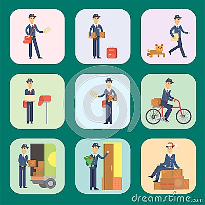 Postman delivery man cards character vector courier occupation carrier cute male package transportation. Vector Illustration