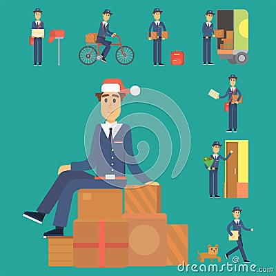 Postman delivery man character vector courier occupation carrier cute male package transportation. Vector Illustration