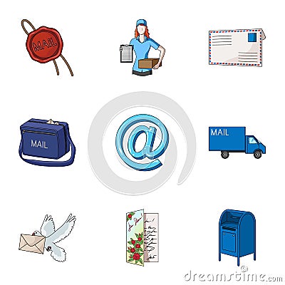 Postman, envelope, mail box and other attributes of postal service.Mail and postman set collection icons in cartoon Vector Illustration