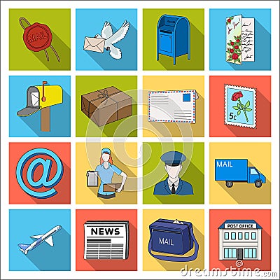 Postman, envelope, mail box and other attributes of postal service.Mail and postman set collection icons in flat style Vector Illustration