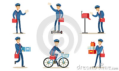 Postman or Mailman Delivering Mails and Packages Set Vector Illustration Vector Illustration