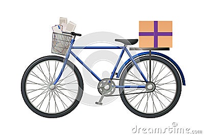 Postman`s bike, with postal parcel and lot of letters, envelopes. Vector Illustration