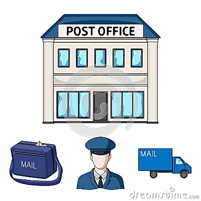 The postman in uniform, mail machine, bag for correspondence, postal office.Mail and postman set collection icons in Vector Illustration