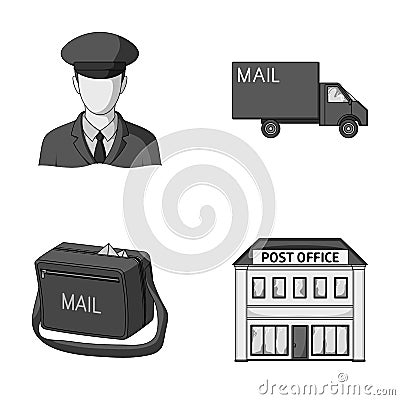 The postman in uniform, mail machine, bag for correspondence, postal office.Mail and postman set collection icons in Vector Illustration