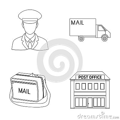 The postman in uniform, mail machine, bag for correspondence, postal office.Mail and postman set collection icons in Vector Illustration