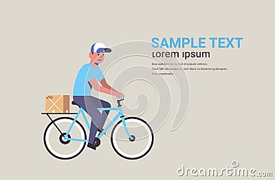 Postman in uniform riding bicycle carrying cardboard parcel box courier express delivery service concept flat full Vector Illustration
