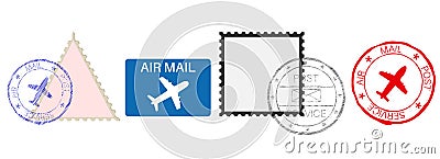 Postmarks. Colored set of postal elements with airplane signs Vector Illustration