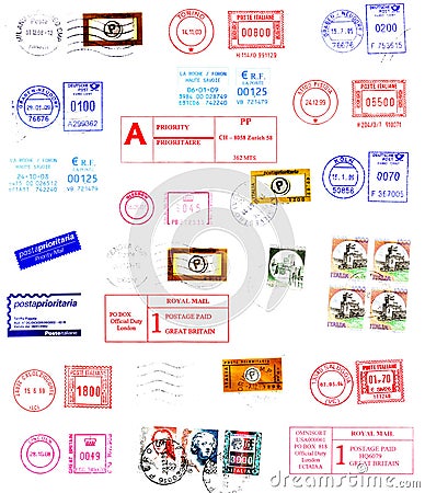 Postmarks, labels, post stamps Editorial Stock Photo