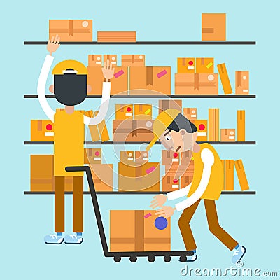 Postmen Laid Parcels. Post Office. Postal Storage Vector Illustration