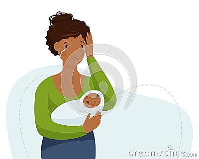 Postpartum depression. African woman is crying and holding a crying baby. Maternity crisis. Vector Illustration