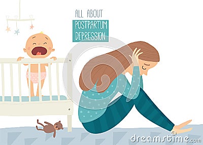 Postpartum depression. Postnatal depression. Baby s blues. Cartoon vector hand drawn eps 10 illustration isolated on Vector Illustration