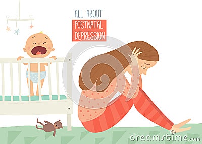 Postpartum depression. Postnatal depression. Baby s blues. Cartoon vector hand drawn eps 10 illustration isolated on Vector Illustration