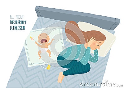 Postpartum depression. Postnatal depression. Depressed young woman lying on the bed with a crying baby. Vector Illustration