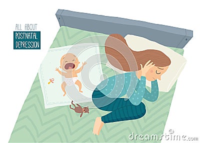 Postpartum depression. Postnatal depression. Depressed young woman lying on the bed with a crying baby. Vector Illustration