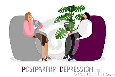 Postpartum depression. Vector crying mother with newborn. Psychoterapy for new parents vector concept Vector Illustration