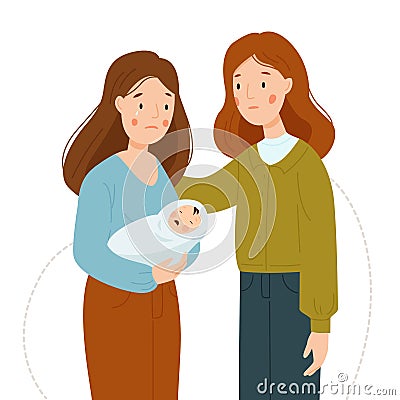 Postpartum depression. A woman is crying and holding a crying baby. Maternity crisis. The girl supports her friend Vector Illustration