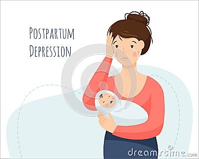 Postpartum depression. A woman is crying and holding a crying baby. Maternity crisis. Vector Illustration