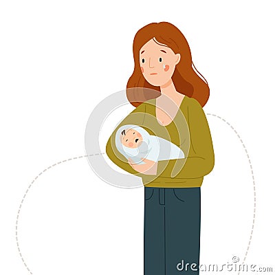 Postpartum depression. A woman is crying and holding a crying baby. Maternity crisis. Vector Illustration