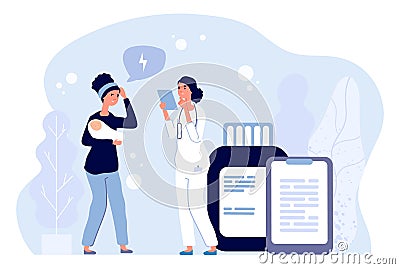 Postpartum depression. Woman, newborn, doctor characters. Vector tired young mom and pediatrician, antidepressant Vector Illustration