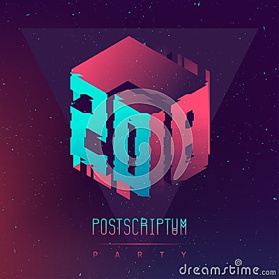 2018 Postscriptum New Music Party. Futuristic poster with glitch Vector Illustration