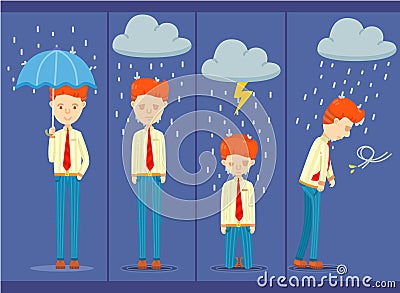 4 posture of businessman on a rainy day, Different feeling of office worker on a rainy day Vector Illustration