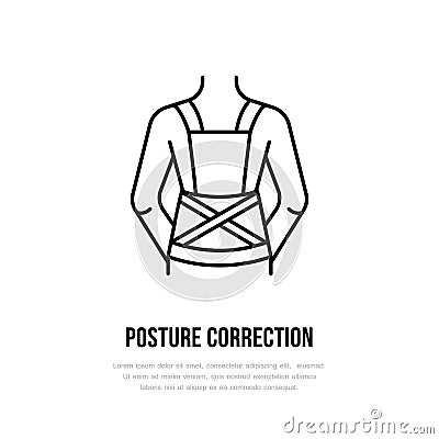 Posture correction icon, line logo. Flat sign for trauma rehabilitation equipment shop Vector Illustration