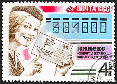 Postwoman and Postcode, Postal service serie, circa 1977 Editorial Stock Photo