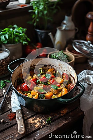 Pot with baked season vegetables Stock Photo