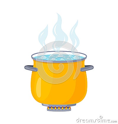 Pot with boil water. Pan with soup. Icon of cook food. Saucepan with hot steam on stove with fire. Flat cartoon cooking Cartoon Illustration