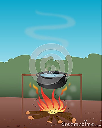 Pot boiling water firepit Cartoon Illustration